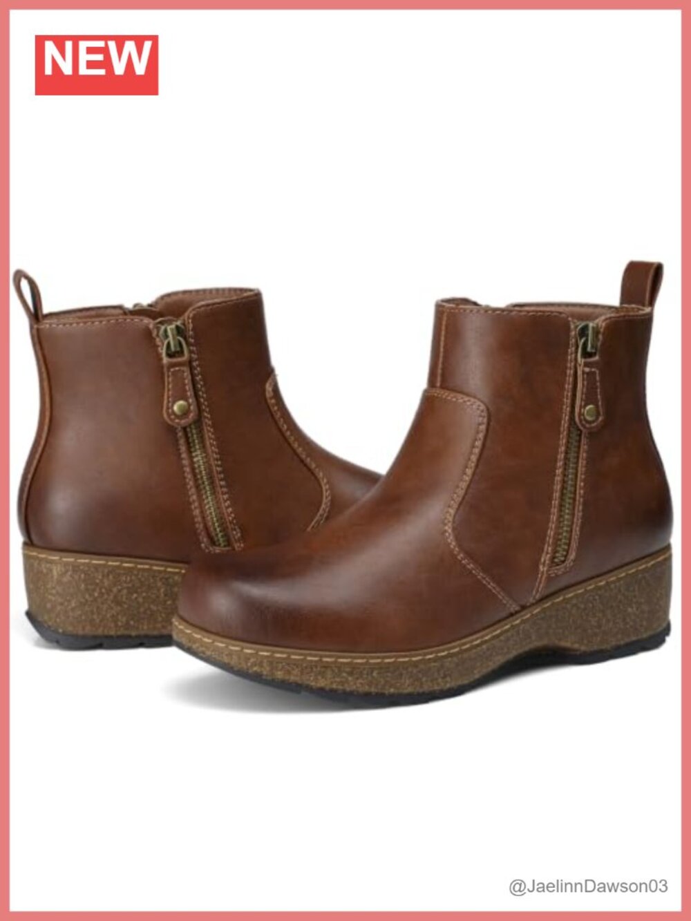 Faux Leather Ankle Boots Low Wedge Heel Comfortable Memory Foam Dual Zipper